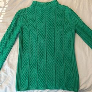 Green cable-knit, mock-neck sweater